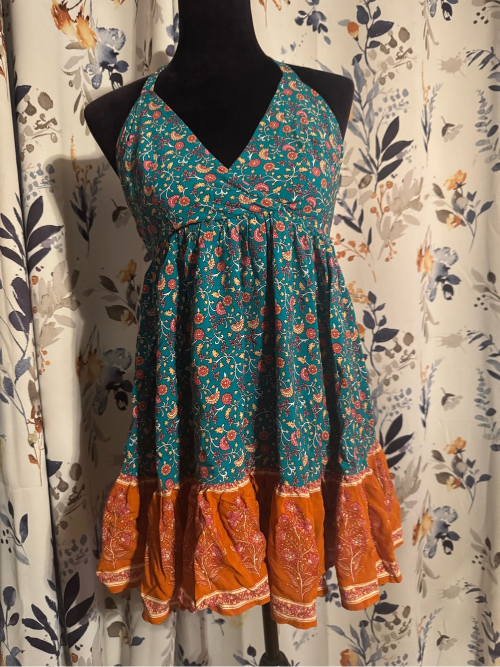 Teal & Orange Floral Halter Top Size XS C3 Indikah